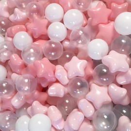 TRENDPLAY Star Ball Pit Balls for Toddlers - 200 Count Star Balls Different Shapes, Non-Toxic Plastic Balls Boys Girls Festival Party Decoration, Pink+White+ Clear