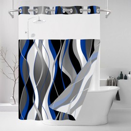 Nkzply No Hook Shower Curtain and Liner Set Blue Striped Shower Curtain with Snap in Liner Fabric Modern Black Grey Bathroom Set See Through Top Window Washable 71x74 Inch