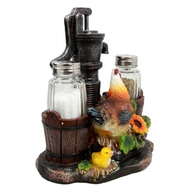 Ebros Country Animal Farm Chicken Hen with Chicks by Irrigation Well Pump Barrels and Sunflowers Salt and Pepper Shakers Holder Figurine As Kitchen Dining Home Decorative Sculpture of Rooster