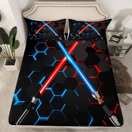 Neon Red Blue Lightsaber Bedding Set Twin Size Geometric Honeycomb Fitted Sheet 2Pcs for Kids Girls Boys Teens Room Decor Fashion Games Bed Sheet Black 3D Hexagon Deep Pocket Sheet,1 Pillowcase