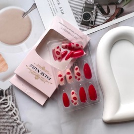Valentine’s Day Press on Nails Almond Fake Nails Glossy Medium Length Acrylic False Nails with Red Lips Designs Full Cover Red Glue on Nails Valentine’s Day Stick on Nails for Women Girls Manicure