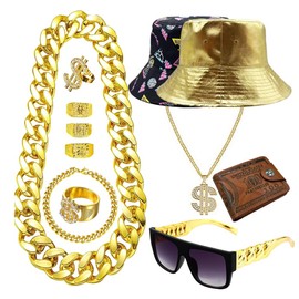 Retro 80s 90s Hip Hop Costume Kit Cool Rapper Bucket Hat Accessories Outfit Sunglasses Dollar Sign Gold Chain Unisex
