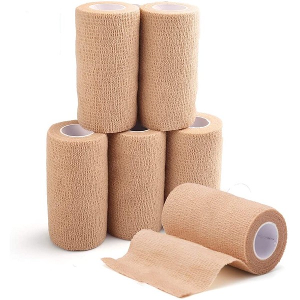 6 Packs 4inch x 5 Yards Self Adhesive Cohesive Bandage, Self Adherent Wrap, Cohesive Tape, Medical Tape, Non Woven Bandage Wrap, First Aid Tape for Ankle, Knee & Wrist Sprains, Tan Colors