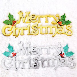 Merry Christmas Signs, 2Pcs Christmas Word Glittery Hanging Signs with Holly Berries and Leaves for Xmas Holiday Party Home Decoration. (Gold+Silver)