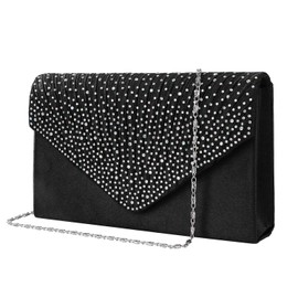 MaoXinTek Satin Pochette Mariage Soirée Sac à Main Bandouliere pour Femme pour Fête Cocktail Mariage Cadeau, Élégant Enveloppe Bourse Chaine Diamant Pour Dame Fille, black