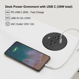Desk Power Grommet USB C Total 30W, 3.15 Inch PD Fast Charge Desktop Power Strip 2 Outlets 2 USB Ports Recessed Flat Plug Extension Cord Mount into Countertop Shelf Cabinet End Table. (Black)
