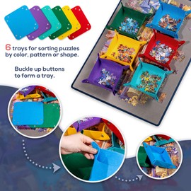Tektalk Jigsaw Puzzle Board with 6 Color Sorting Trays Portable Puzzle Mat with Puzzle Dustproof Cover for Puzzle Storage Puzzle Saver, Non-Slip Surface, Up to 1000 Pieces - Grey