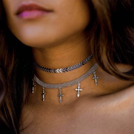Yienate Gothic Cross Necklace Choker Silver Beads Snake Bone Chain Cross Pendant Goth Layered Egirl Statement Charm Necklace Gift for Women Girls