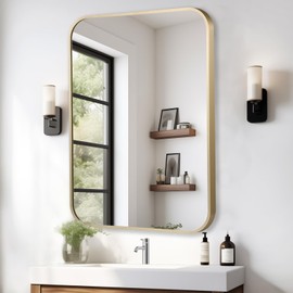 JENBELY 40x30 Inch Gold Mirror, Framed Rectangle Mirror with Rounded Corner, Brushed Brass Mirror, Gold Bathroom Mirror for Over Sink, Vanity, Living Room, Bedroom, Horizontal/Vertical