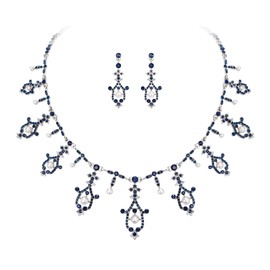 Clearine Hochzeit Schmuck für Bräute Damen glänzende Strass simuliert Perle Halskette Ohrringe Set für Partei Prom Saphir Silber Ton