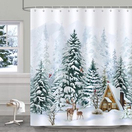 Bonhause Shower Curtain Winter Christmas Tree Forest Deer Pine Shower Curtains 180 x 180 cm Anti-Mould Waterproof Polyester Fabric Washable Bathroom Curtain for Bathroom with 12 Hooks