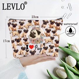 LEVLO Funny Pug Makeup Bag Pug Dog Lover Gift I Love Pug Travel Pouch Bag Pug Puppy Mom Merchandise, I Love Pug
