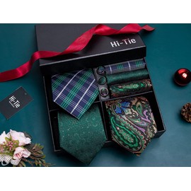 Hi-Tie 3 Pcs Gift Box Mens Tie Set Necktie with Pocket Square Cufflinks Lapel Pin Silk Neck Tie Collection,Emerald Green