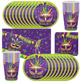 Mardi Gras Mask Party Tableware, Party Tableware Decoration with 61 Pieces Including Cups, Plates, Napkins, Tablecloths, Suitable for a Mardi Gras Party for 20 People
