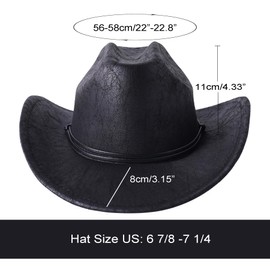 Lanzom Women Men Leather Western Hat Cowboy Hat Cowgirl hat Wide Brim Hat with Lanyard (B-Black, One Size)