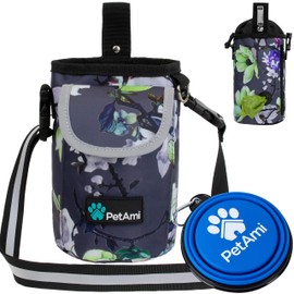 PetAmi Dog Treat Pouch with Large Front Pocket| Dog Training Pouch Bag Waist Shoulder Strap, Poop Bag Dispenser, Collapsible Bowl| Training Bag for Kibbles, Pet Toys| 3 Ways to Wear (Floral Grey)