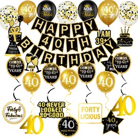 Zohokie Black and Gold 40th Birthday Decorations Party Supplies, Happy 40th Birthday Décor for Women or Men, Happy 40th Birthday Banner Hanging Swirls Balloons for Forty Years Old Birthday