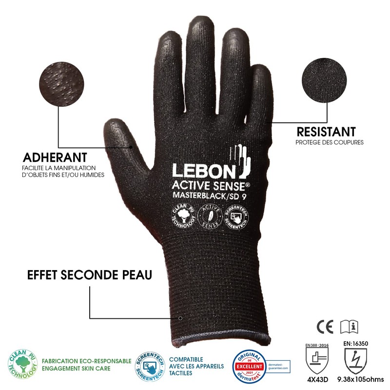 LEBON MASTERBLACK/SD Cut Resistant Work Glove, Touch Screen Compatible, Multifunctional
