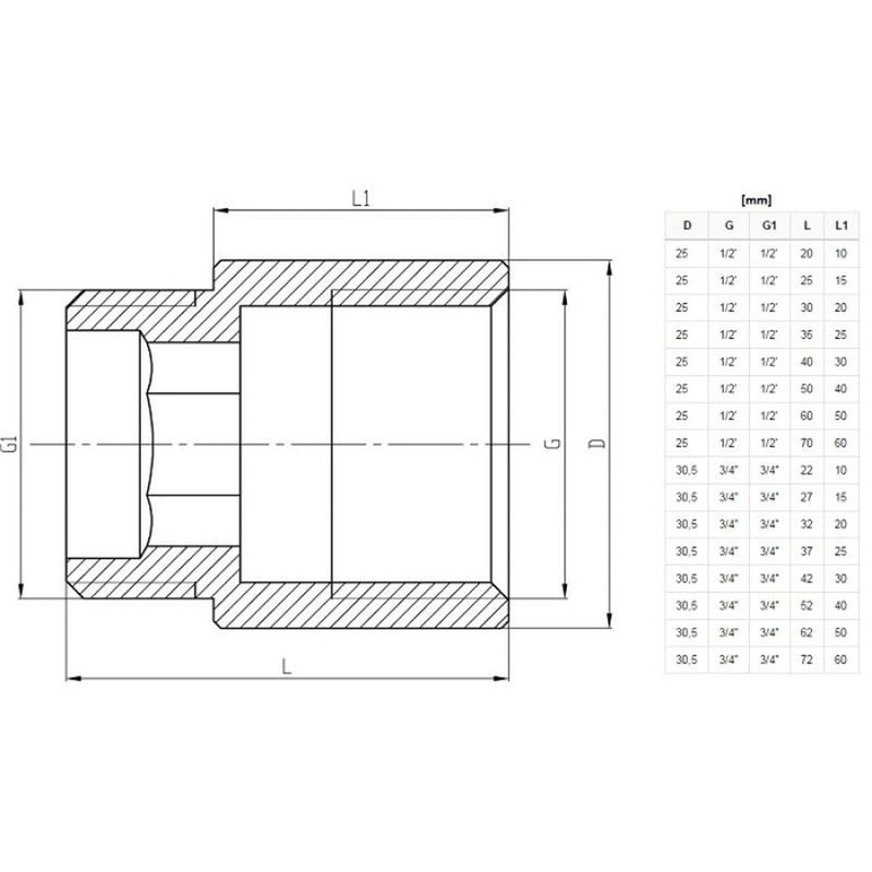 Invena 3/4" BSP (22mm) Pipe Thread Extension Female x Male