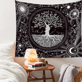 CCAIPU Psychedelic Tapestry, Sun and Moon Flower Phase Boho Wall Hanging - Cosmic Decoration for Bedroom Decor Dorm Room or Meditation Space 150x130cm (Black)