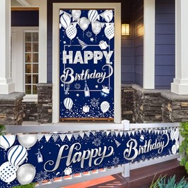 Blue and Silver Door Banner Decorations, Blue Silver Happy Birthday Large Door Cover Decor,Happy Birthday Yard Sign Banner,Large Happy Birthday Banner for Outdoor Birthday Decoration.