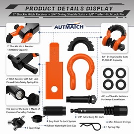 AUTMATCH Shackle Hitch Receiver 2 Inch - 3/4" D Ring Shackle and 5/8" Trailer Hitch Lock Pin, 45,000 Lbs Break Strength Heavy Duty Receiver Towing Kit for Off-Road Vehicle Recovery, Orange