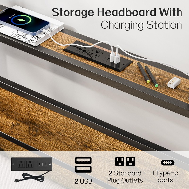 Liians Twin Bed Frame with Storage Headboard USB Charging Station,