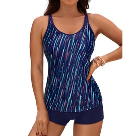 Yonique - Traje de baño Tankini de 2 Piezas para Mujer con Pantalones Cortos de niño, Traje de baño Deportivo, Raya Azul, S