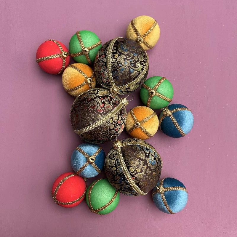 Neena Handmade Embroidered Bauble | 8cm Brown with Gold, Red,