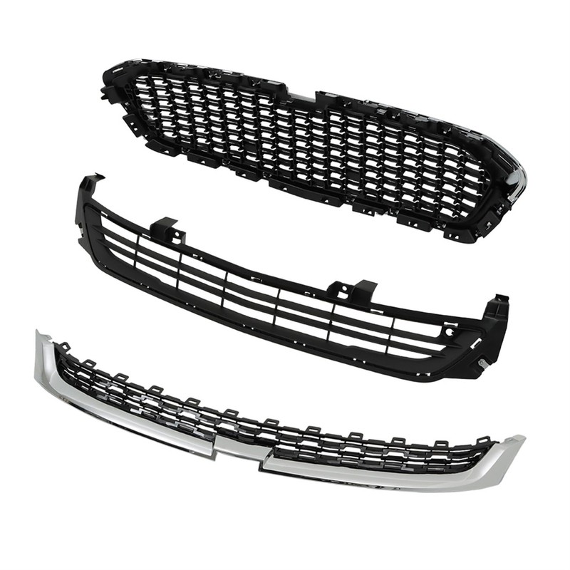 TJHSM 3Pcs Front Bumper Grille Black with Chrome Trim Set