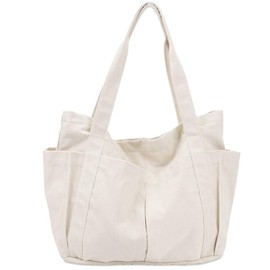 Umetoo Tote Bag, Canvas, Zipper Included, Large Capacity, Simple, Multi-Pocket, Tote Bag, Unisex, Eco Bag, Large Mother's Bag, beige