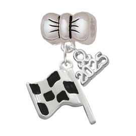 Delight Jewelry Silvertone Checkered Race Flag - Silver-tone Bow Charm Bead Dangle with Mini 2025