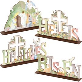 Chunful 4 Pcs Easter Table Decoration He is Risen Tabletop Decor Easter Resurrection Scene Wooden Sign Flower Jesus Cross Sign Spring He Lives Table Centerpiece for Easter Religious Decor