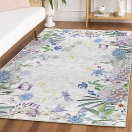 Artoid Mode Floral Hydrangea Daisy Spring Area Rug, Summer Home Decor Low-Profile Washable Area Rugs for Entryway Bedroom Living Room Laundry Room Indoor 5x7 Feet