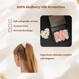 FORBDNSILK 100% Pure 22 Momme Mulberry Silk Scrunchies (Set of 3) | Highest grade (6A) Luxury Hair Ties| (Black,White,Pink) | (White, Large)