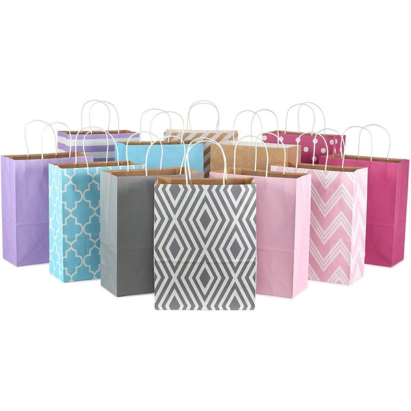 Hallmark 12" Large Paper Gift Bag Assortment, Pack of 12 in Pastel Pink, Lavender, Blue, Grey, Kraft - Solids and Patterns for Birthdays, Easter, Mother's Day and More