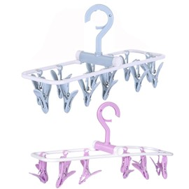 MICALOR 2 Pack Clothes Drying Rack, Laundry Drying Rack with 12 Clips, 360° Rotatable Hook Windproof Sock Hanger, Small Foldable Portable Hangers for Drying Bras Underwear Baby Clothes Gloves