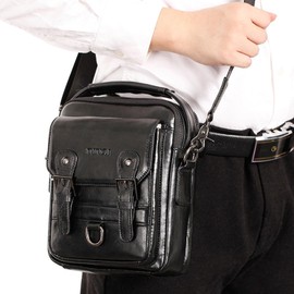 Leather Shoulder Messenger Handbag for Men Travel Outdoor Business Crossbody Pack Wallet Phone Casual Pouch Briefcase Hand Bag Daypack (Black)
