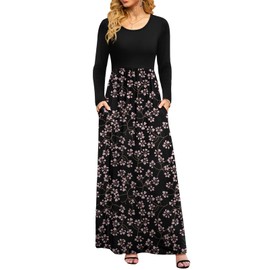 DB MOON 2025 Women Casual Fall Long Sleeve Maxi Dresses Empire Waist Long Dress with Pockets Flower Gypsophila Black S