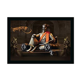 Dharvika Innovations Shivaji Maharaj Painting Vinyl Sparkle Coated Home Decorative Gift Item with Synthetic Frame (14×20 Inch)