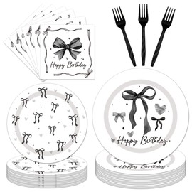 96PCS Black Bow Plates and Napkins Party Supplies Coquete Birthday Decorations Black Bow Party Decorations Bow Themed Disposable Tableware Set for Girl Women Serve 24 Guests