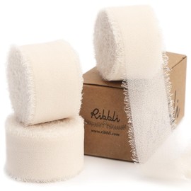 Ribbli Cream White Ribbon 1 Inch x 3 Rolls Total 24 Yards Cream Handmade Fringe Chiffon Silk Ribbon for Wrapping Wedding Invitations Bridal Bouquets DIY Crafts Home Decor