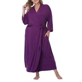 Women Kimono robe Plus Size Long Sleepwear Knit Bride Bridesmaid Robe Lightweight Bathrobe Soft Nightwear Bridal party, Purple 3X