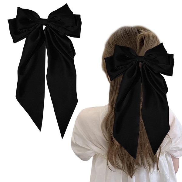 Black Hair Bow Big Hair Bows for Women, Solid Color Bow Hair Clips with Long Ribbon, French Black Bow Hair Clip Soft Satin Silky Hair Bows Cute Gifts for Women Girls (Black)