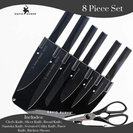 David Burke 7-Piece Black Knife Set With Acrylic Block - Sleek & Stylish Commercial Grade Coated Carbon Steel Cutlery