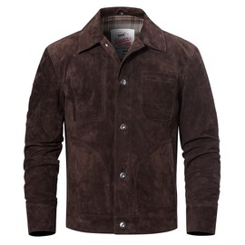 FLAVOR Men's Suede Leather Jacket Trucker Coat (Large, Dark Brown)