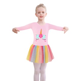 EQSJIU Ballet Leotard for Girls Long Sleeve Kids Girls Classic Adorable Baby Pink Unicorn Leotard Dance Ballet Dress 6-7 Years Stage Performance
