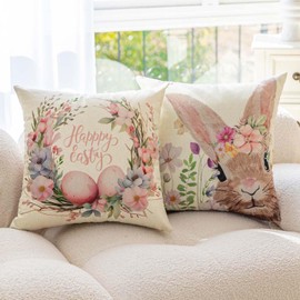 Miuyunya Set of 2 Easter Cushion Covers, 40 x 40 cm, Rabbit, Merry Easter, Decorative Linen Cushion Cover, Easter, Spring, Flowers, Easter Eggs, Decorative Cushion Covers, Home, for Sofa, Bedroom