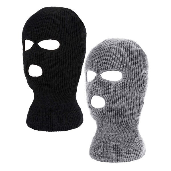 WILLBOND 2 Pieces Knitted Full Face Cover 3-Hole Ski Mask Winter Balaclava Face Mask (Black and Grey, Adult Size)