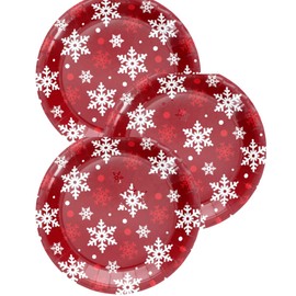 Unique Red Snowflake Holiday Dinnerware Party Bundle large Plates and Napkins with 48-piece Cutlery Set.